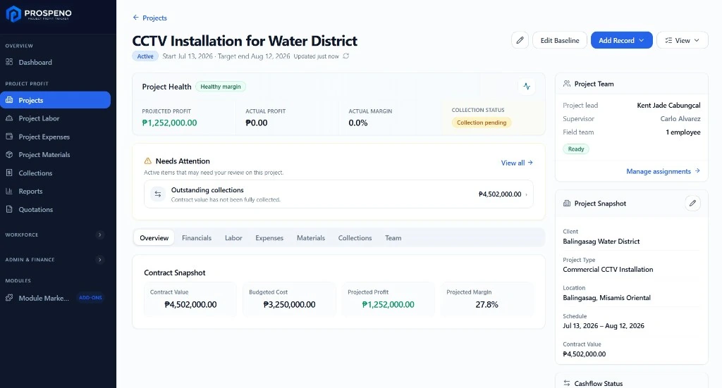 Prospeno Project Command Center dashboard showing project health, projected profit, contract snapshot, team assignments, and collection status for an active project