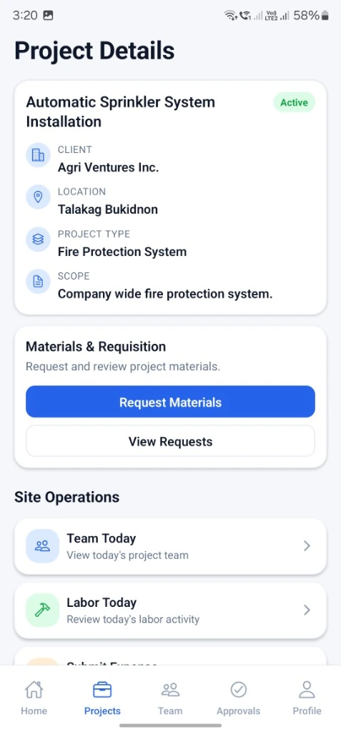 Prospeno Field App project details screen showing client, location, scope, materials, and site operations for an assigned project