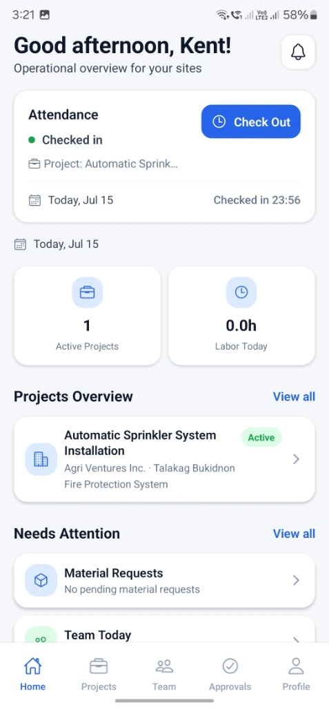 Prospeno Field App supervisor home screen showing site operational overview, active projects, and field oversight